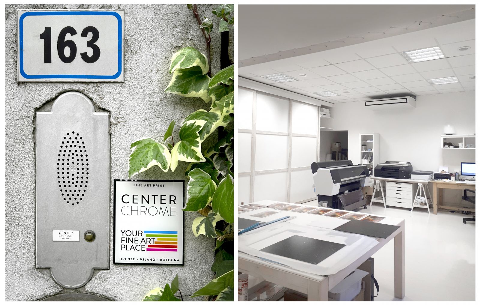 L'ingresso e l'interno della sede di Bologna del nostro laboratorio fotografico specializzato in stampa inkjet fine art, cromogenica, bianco e nero ai sali di argento e cornici artigianali su misura per opere d'arte.