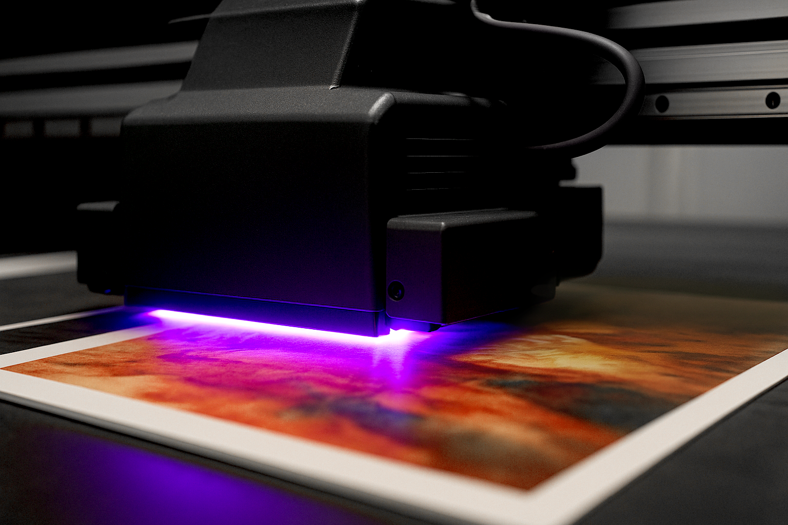 Un momento durante una fase della stampa diretta UV su un pannello di plexiglas opaco.