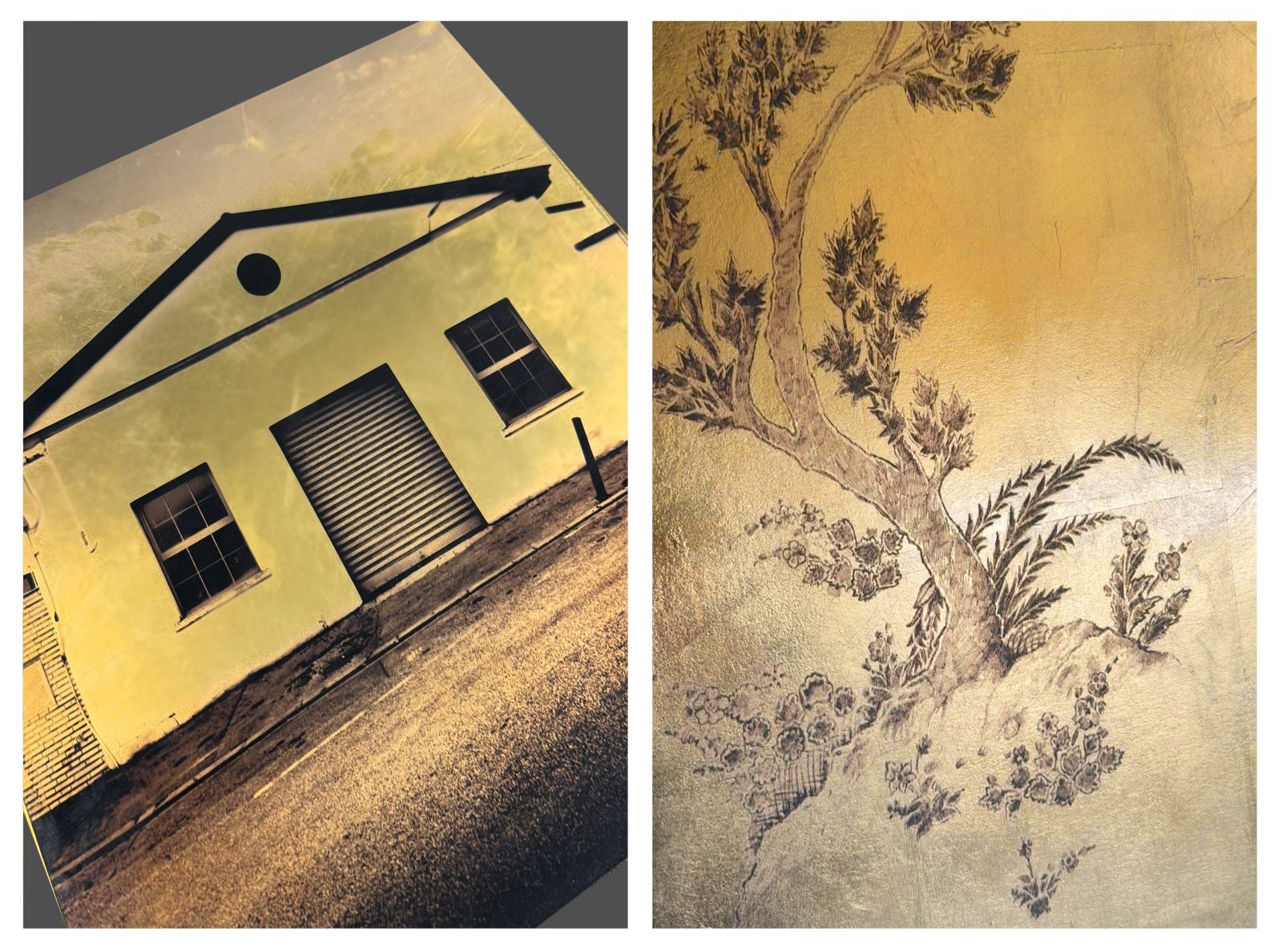 Una stampa su acciaio dorato giustapposta a un'altra su foglia oro. Queste fine art print sono state realizzate con una stampante piana Uv che consente di utilizzare una vastissima gamma di materiali e è situata nel nostro laboratorio fotografico di Firenze. Tuttavia è possibile visionare e commissionarci stampe dirette uv su metallo e foglia oro anche nelle nostre sedi di Bologna e Milano.